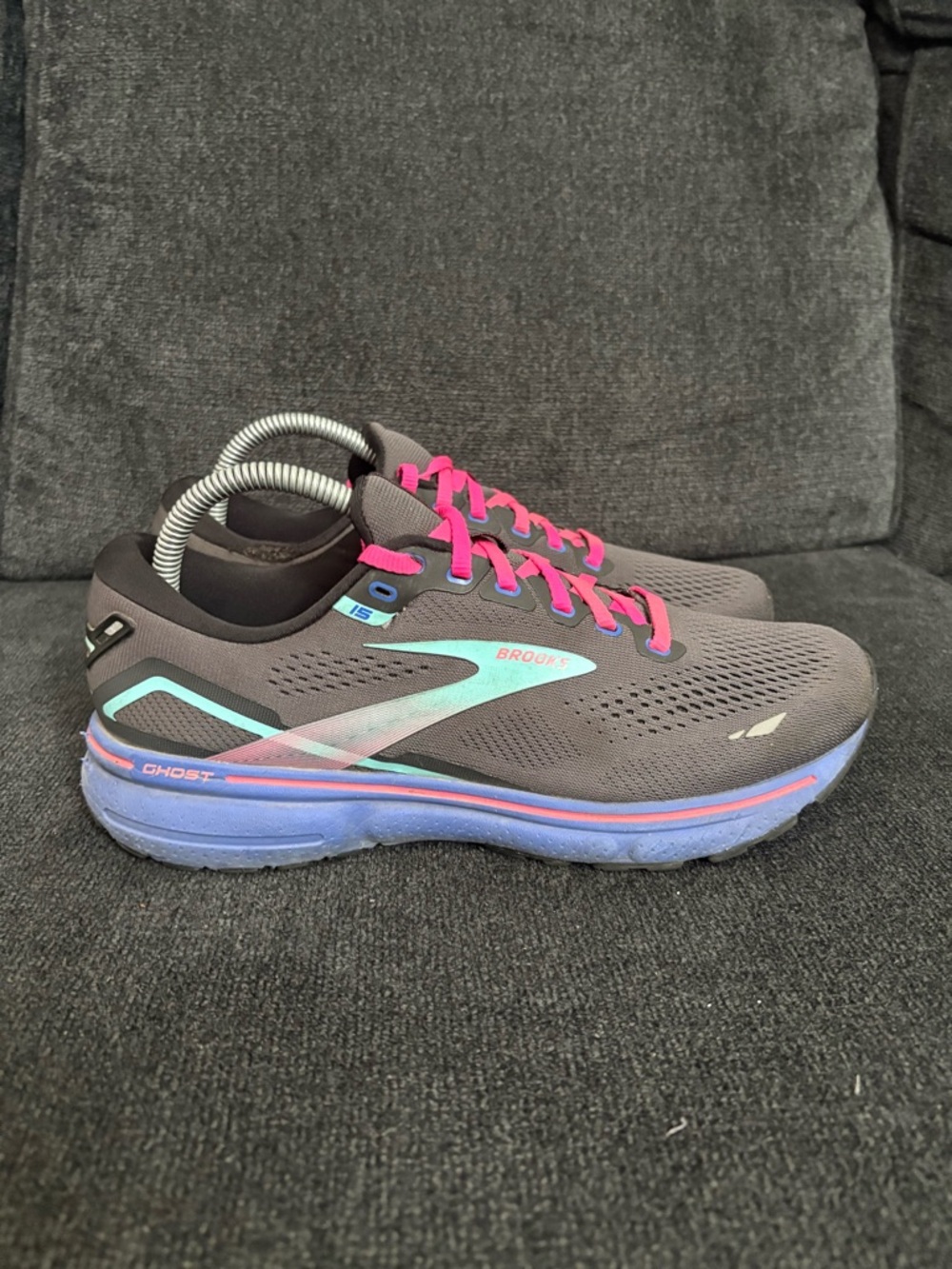 Brooks Ghost 15 Womens Size 9.5 Black Blue Pink Athletic Running Shoes Sneakers